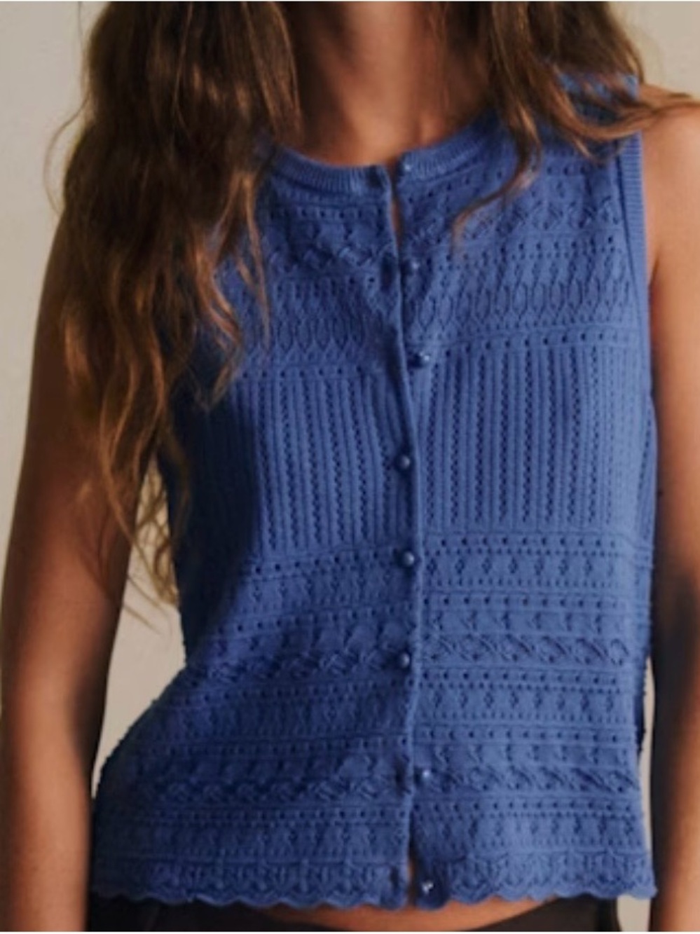 Sezane Cerulean Blue Crochet Knit Button-Front Shell - Picture 10 of 12
